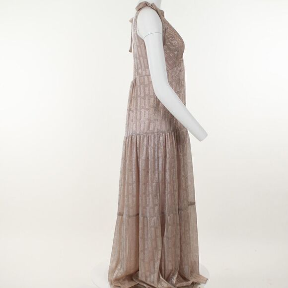 Taylor Metallic-Knit Smocked V-Neck a-Line Dress - Rose - Picture 5 of 5